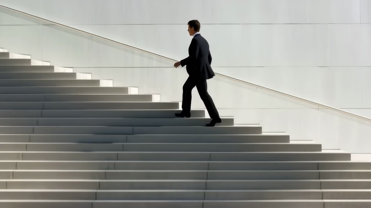 Empresario subiendo y bajando una moderna escalera exterior