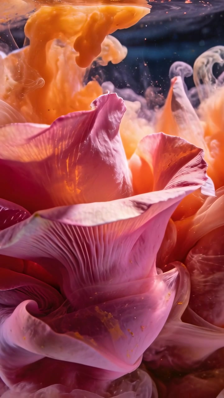 Video verticale: Gocce di colorante arancione denso che formano un pennacchio sopra petali rosa in un serbatoio, mostrando la miscelazione.