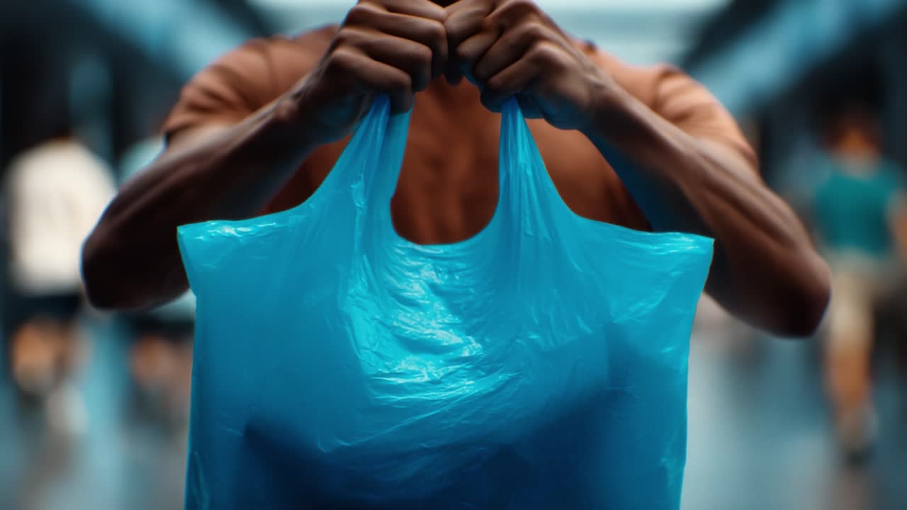 A Close-Up View of a Person Holding a Crinkled Blue Plastic Bag, Conveying Messages About Environmental Concerns and Consumerism in a Modern Urban Setting