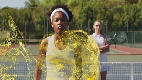 playing tennis, women surrounded by golden particles animation on court