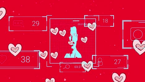 Animation-of-scanner-with-digital-portrait-of-man,-processing-data-and-hearts-on-red-background