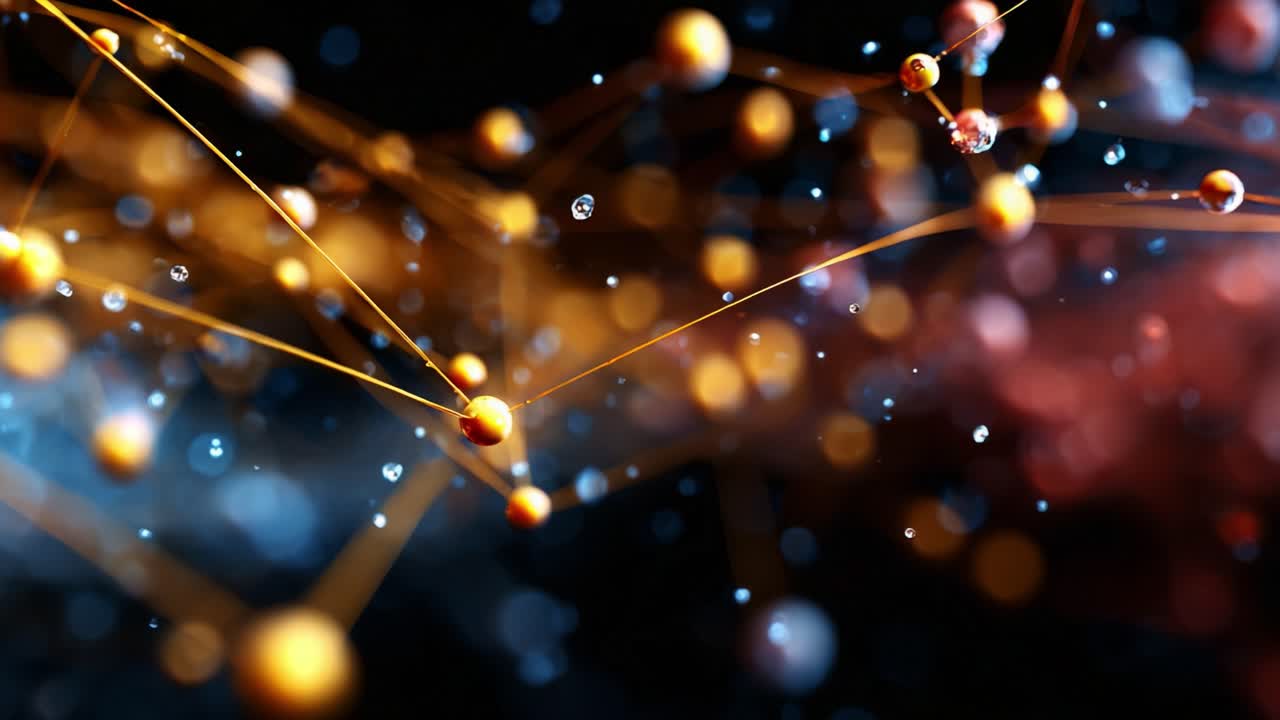 An intricate web of glowing particles and shimmering droplets set against a dark background showcases the beauty of abstract science, exploring connections in a vibrant digital universe