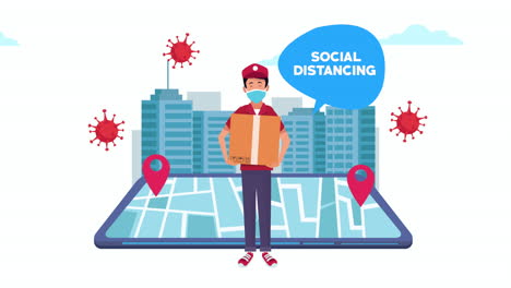 campaña de distanciamento social con trabajador de entrega y teléfono inteligente