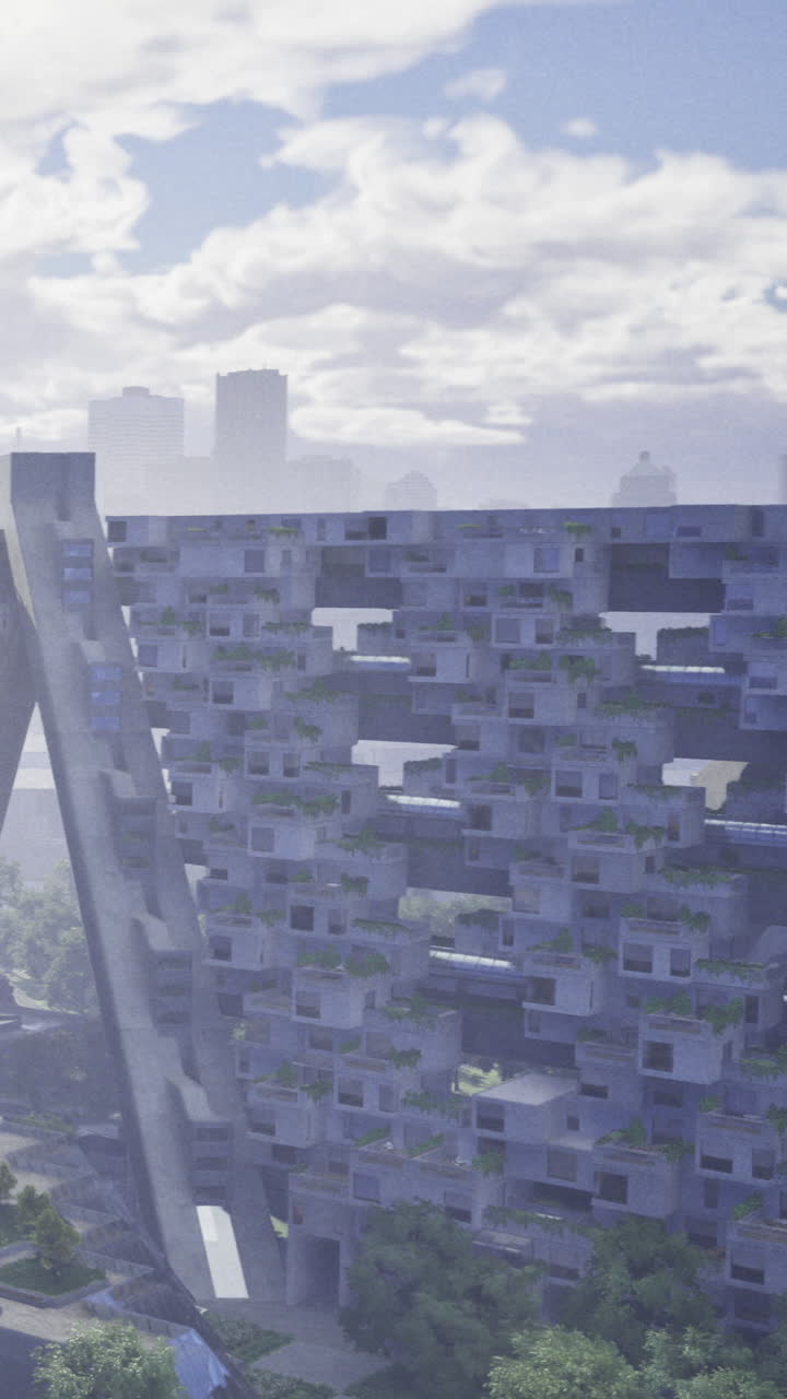 Arquitetura moderna com design abstrato em cenário urbano e céu nublado