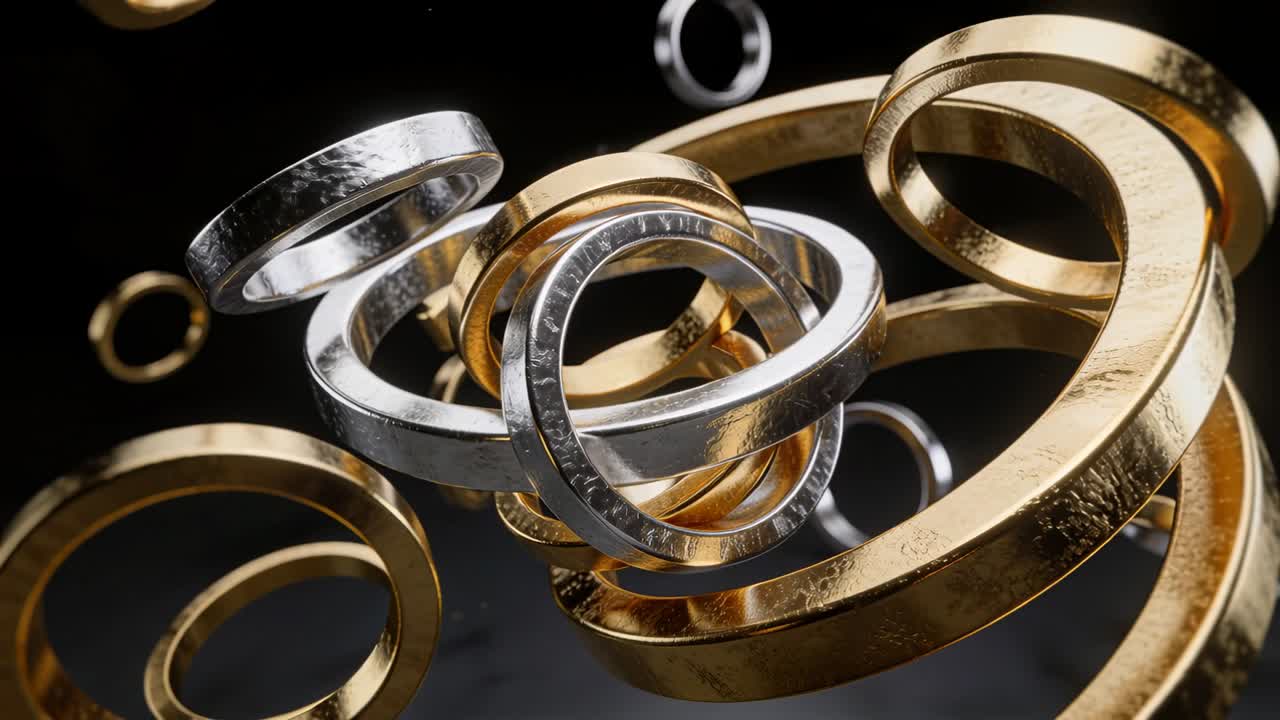 Rotating central interlocked rings moving in dark studio, showing gold silver finishes and glints