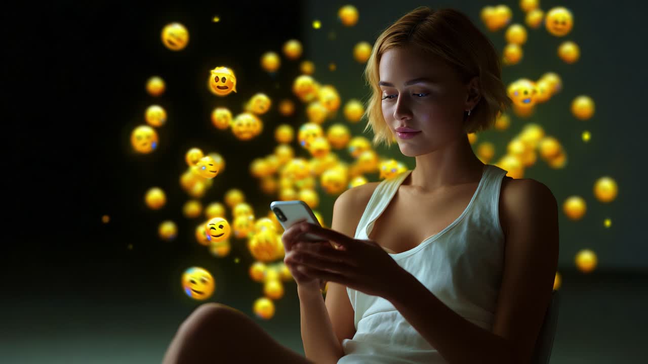 A Young Woman Engaging with Her Smartphone Surrounded by Floating Emoji Icons, Capturing the Essence of Digital Communication and the Emotional Connection It Facilitates in Today's Social Landscape