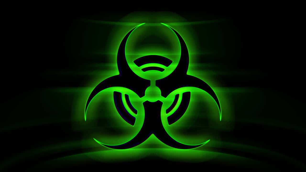 생물학적 위험의 존재를 나타내는  ⁇ 박이는 초록색 모양 위에 나타나는 경고하는  ⁇ 은 색의 텍스트 메시지: 코로나19 코로나바이러스, 발병, 격리