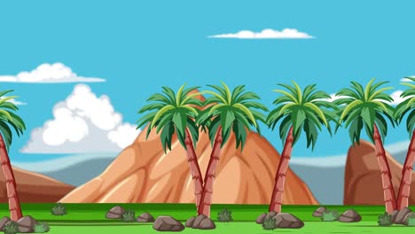animated scene of palm trees and mountains with smooth horizontal transitions and vibrant colors