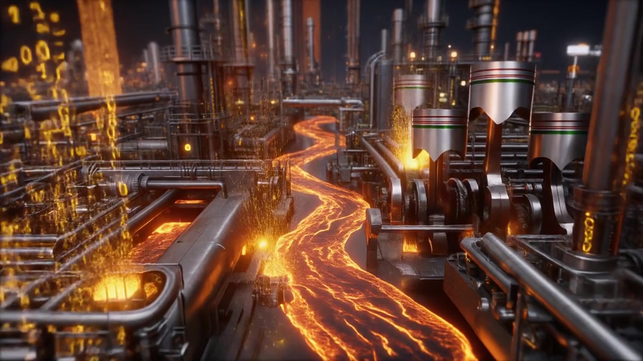 Futuristic Industrial Factory with Molten Metal Flow and Moving Pistons