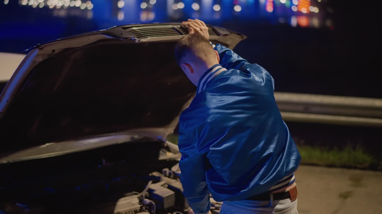 natt, bil vid vägkanten med öppen motorhuv, ung vit förare lutar sig in i motorrummet och inspekterar batteriets remmar och kablar under en blå jacka, stadsljus och skyddsräcke i bakgrunden, spänd och utmattad min