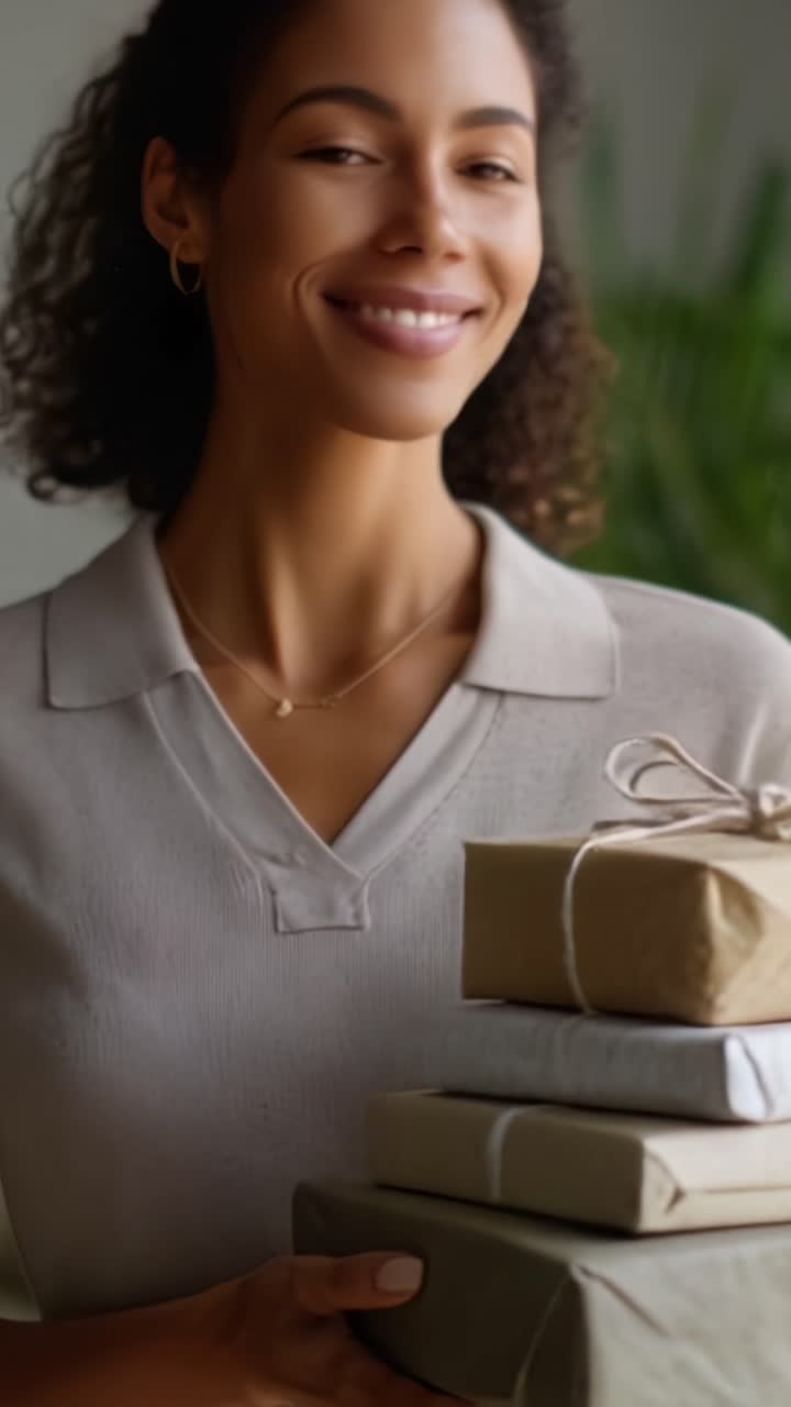 Una donna gioiosa che tiene regali splendidamente incartati, mostrando felicità e calore, perfetta per momenti di celebrazione e per condividere momenti speciali con i propri cari.