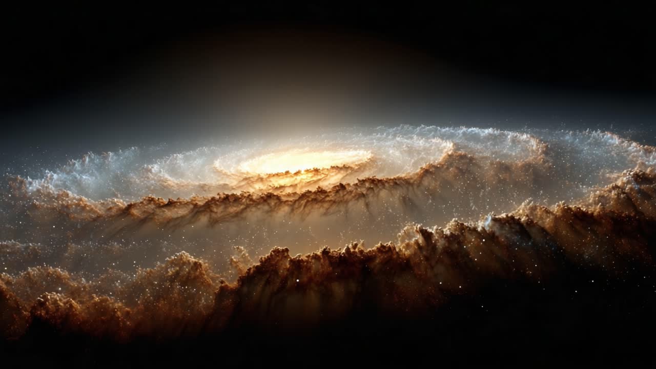 A Stunning Showcase of Celestial Beauty: The Swirling Galaxy with Radiant Core and Ethereal Dust Clouds Illuminating the Cosmic Landscape