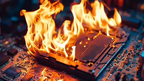 un primer plano de una placa base de computadora con un fuego en ella