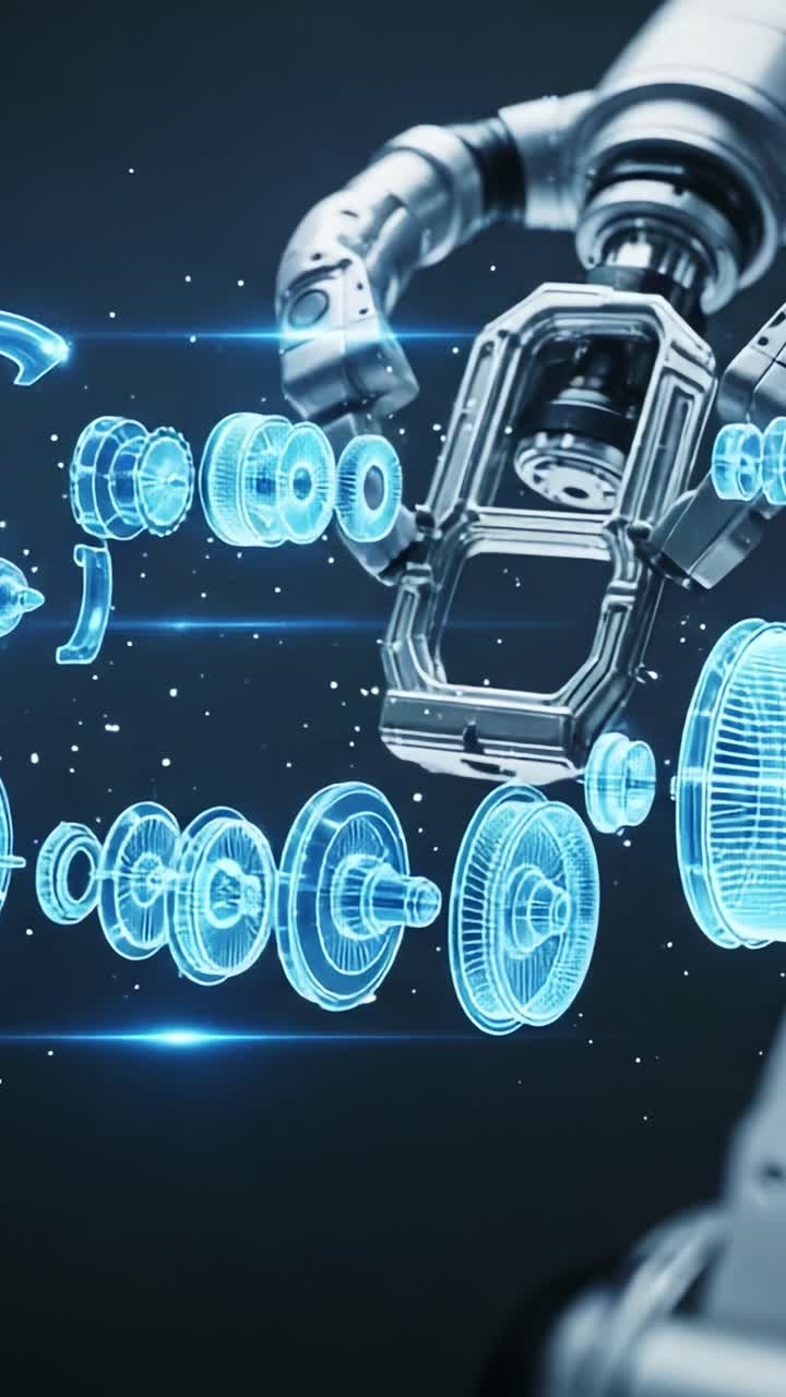 Futuristic Robotic Arm Showcasing Advanced Engineering with Illuminated Gears and Components for Precision Manufacturing in a High-Tech Environment