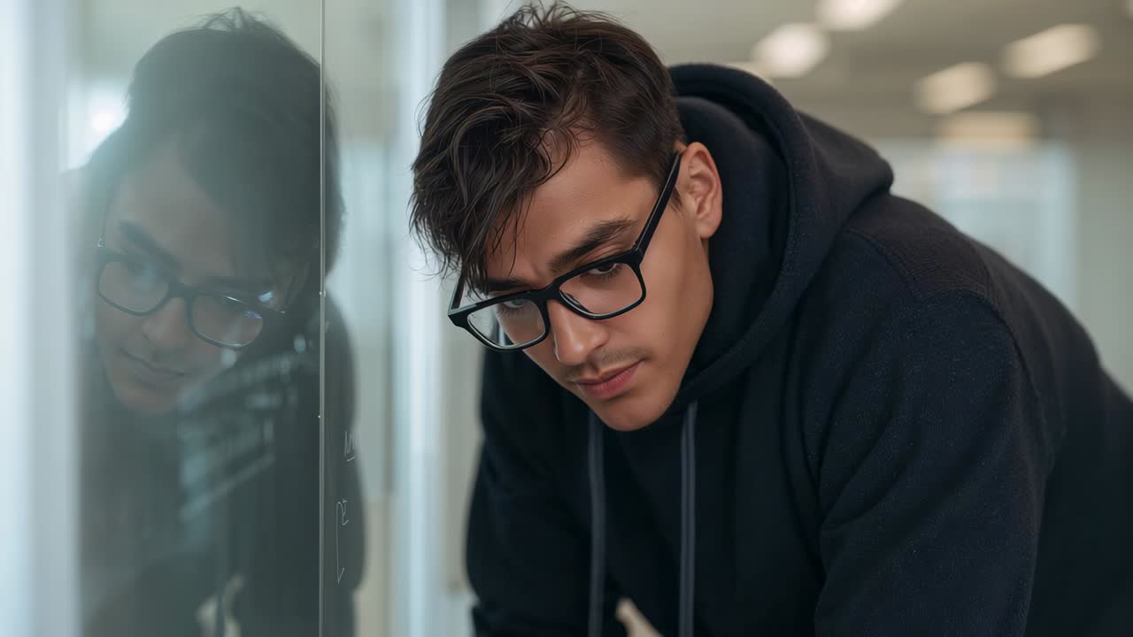 Si notano dei segni leggeri, uomo appoggiato che studia un bicchiere in ufficio con una felpa con cappuccio, che legge appunti con gli occhiali
