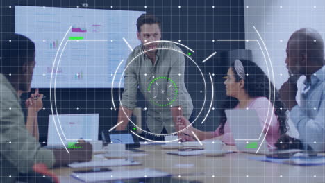 in meeting room, business team analyzing data using digital interface animation