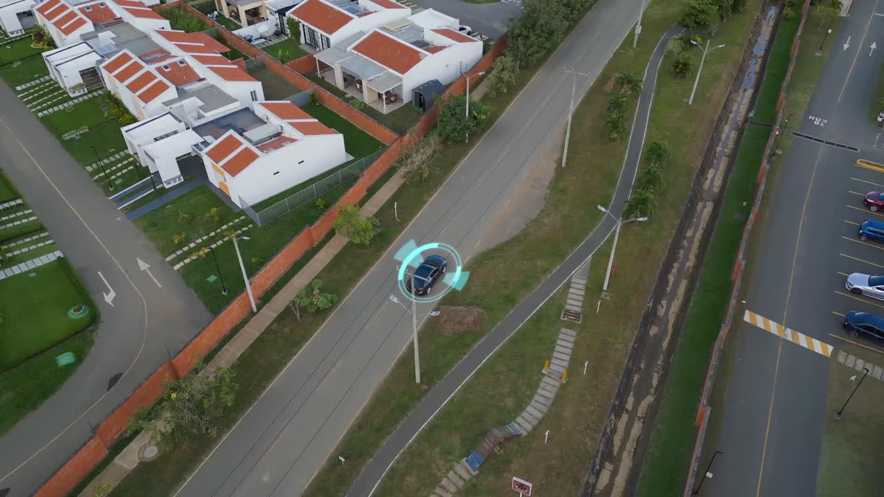 Aerial Self Driving Car Driving Around Neighborhood. Smart Autonomous Car