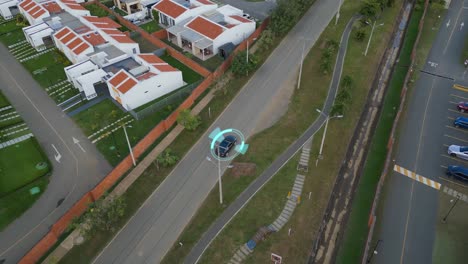 aerial self driving car driving around neighborhood. smart autonomous car