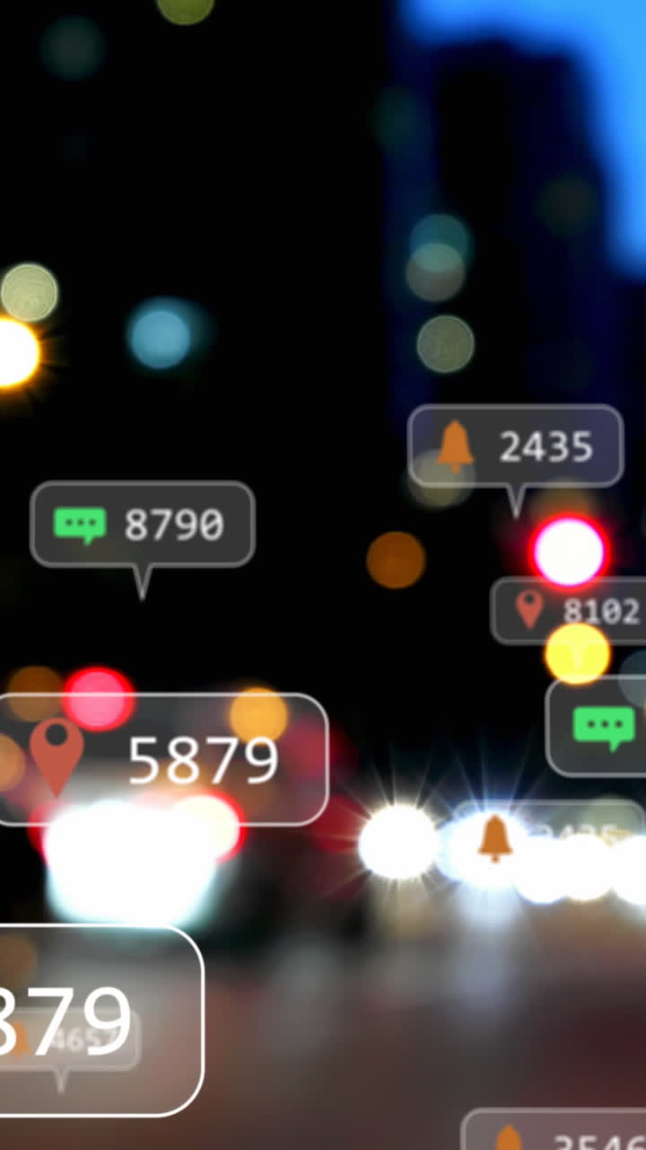 Animation of social media icons and numbers over out of focus city and road traffic lights
