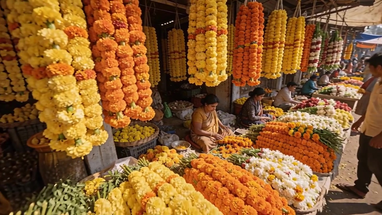 Reaching male customer selecting garlands at street market, vendors in sarees selling marigolds