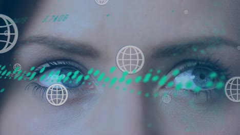 Animation-of-data-processing-and-multiple-globe-icons-floating-against-close-up-of-female-eyes