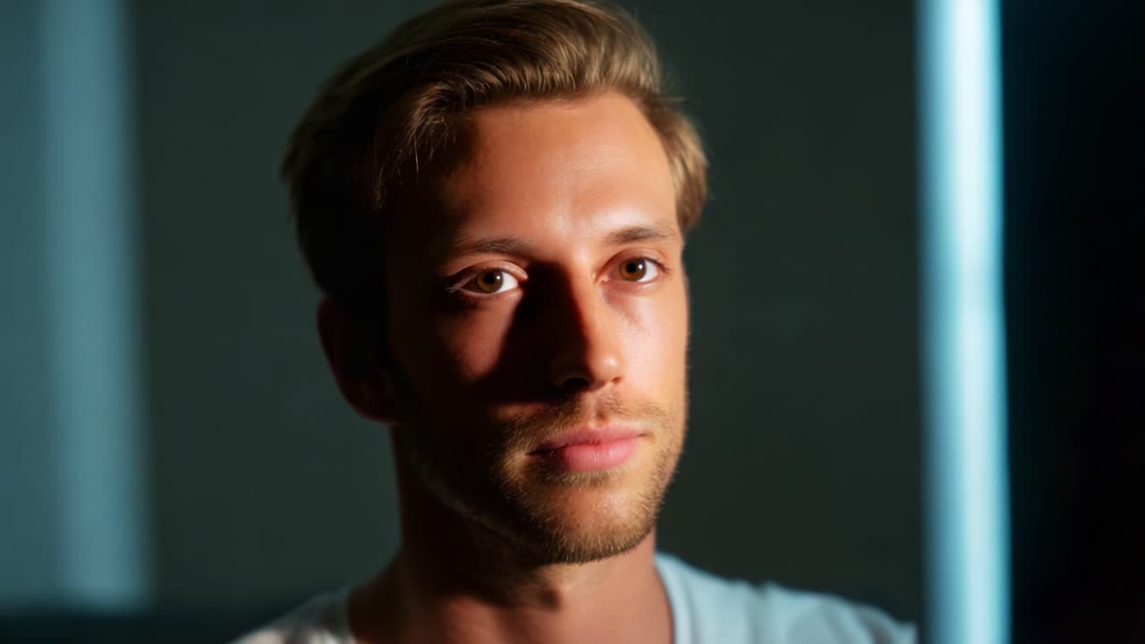 A Captivating Contrast: Exploring the Transformation from Darkness to Light as a Man Transitions from Wearing a Sleep Mask to Opening His Eyes to the World Around Him