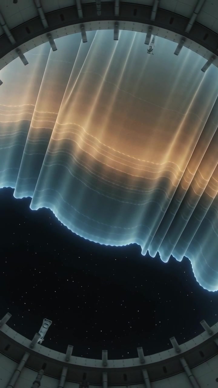 Vertical video: Shifting auroral curtain rippling down through ring port, revealing stars, sensors