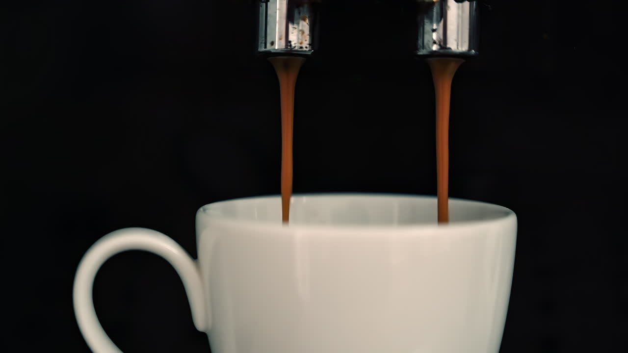 Close up of rich espresso flowing into a white cup, from a coffee machine