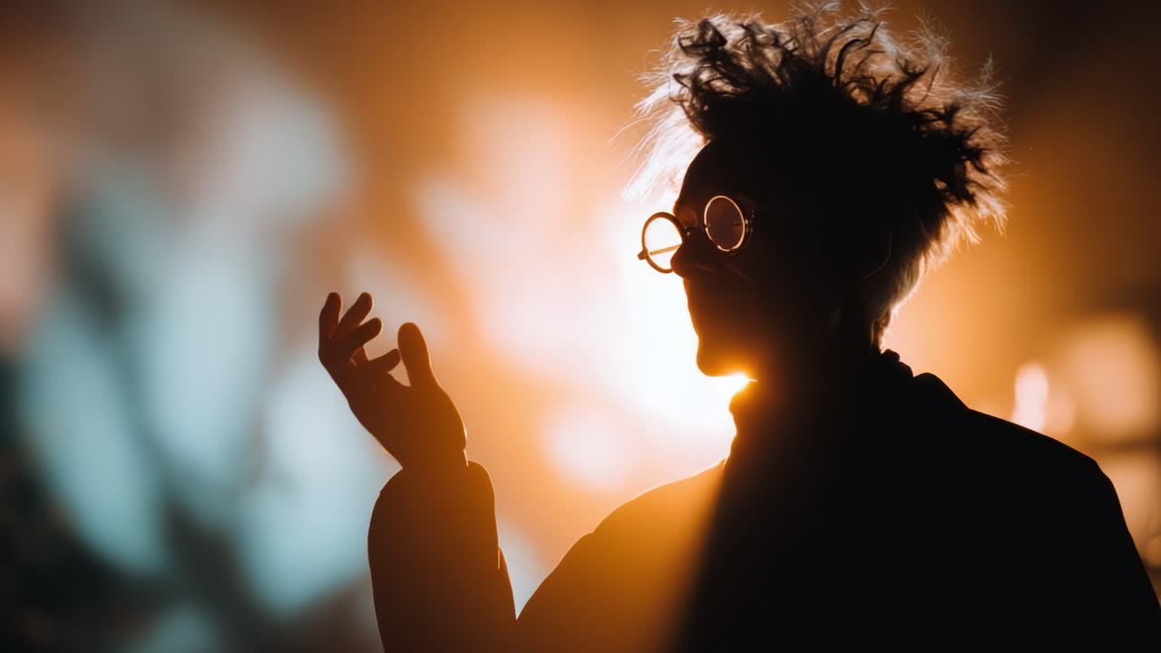 A Mysterious Silhouette with Wild Hair and Glasses Against a Glowing Background, Capturing an Enigmatic Atmosphere of Intrigue and Wonder