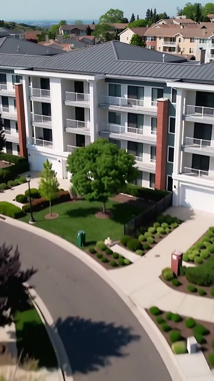 Video vertical: La cámara se aleja, revelando un condominio de 4 pisos, techo gris, patio, mostrando un suburbio.