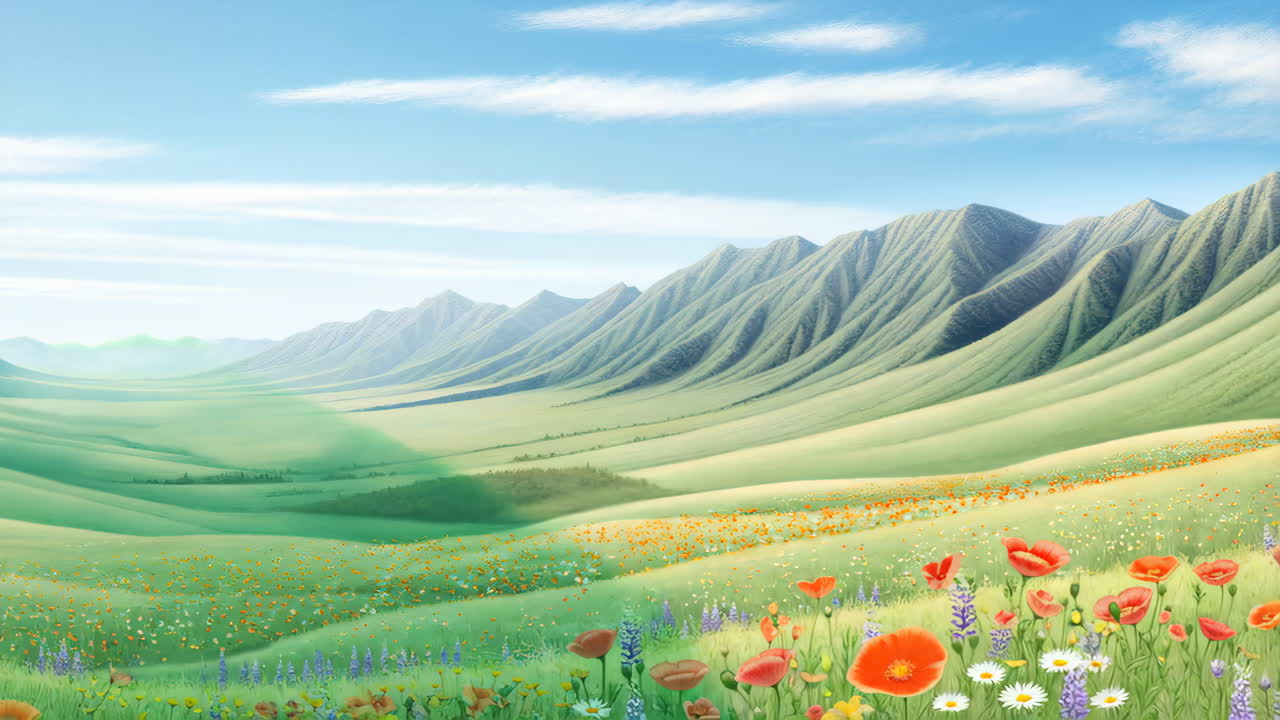 Vast Mountain Valley with Blooming Wildflowers