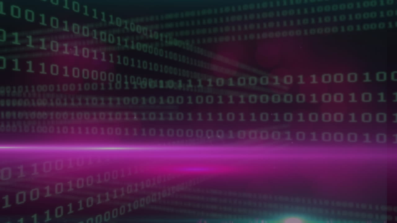 Animation of binary coding data processing and pink spots of light against black background