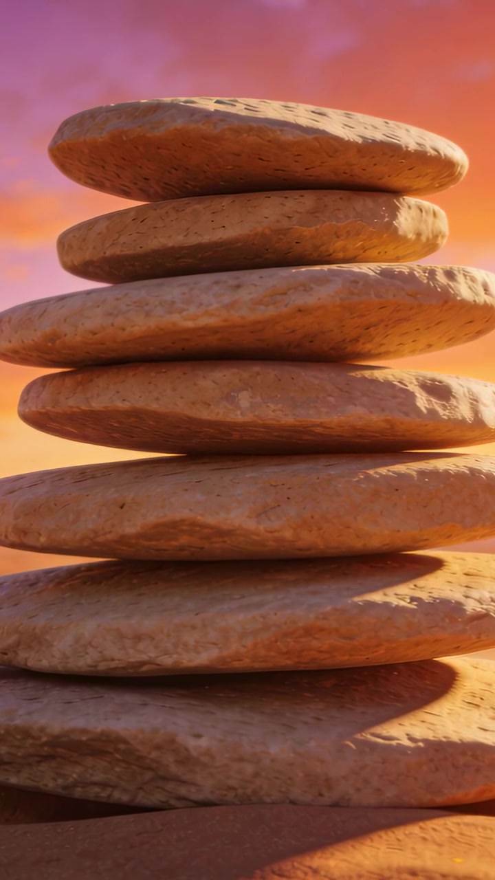 Vertical video: Pulling camera back revealing stack of 7 flat stones on sandy base to reveal base