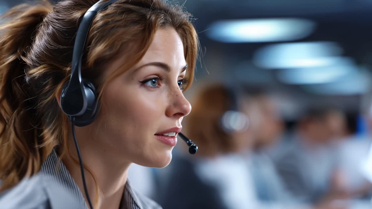 Professionele vrouw draagt headset en microfoon. Geconcentreerde uitdrukking tijdens het werk. Zachte belichting benadrukt haar kalme houding. Ideaal voor klantenservice of callcenter beelden