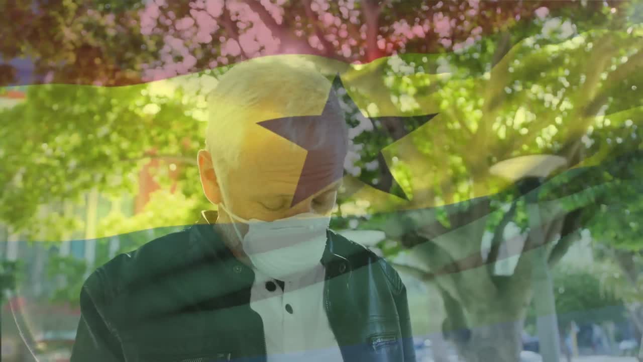 가나 발을 흔들고 거리에서 기침하는 얼굴 마스크를 착용한 백인 남성에 대한 애니메이션