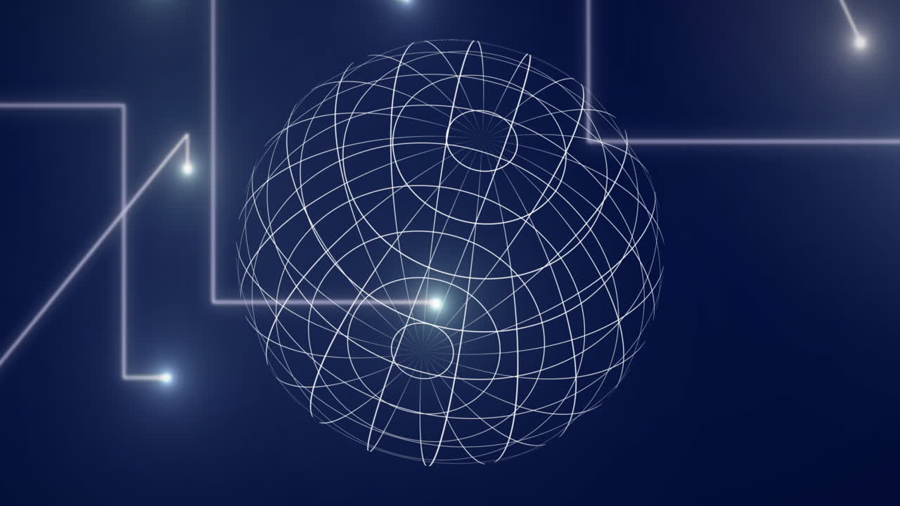 Animating geometric sphere with intersecting lines, glowing points on dark background