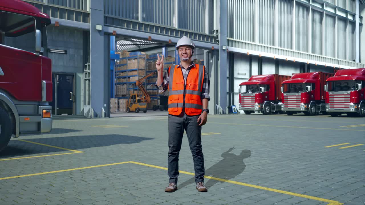 Full Body Of Asian Male Engineer With Safety Helmet Smiling And Showing Peace Gesture While Standing , Outside of Logistics Distributions Warehouse