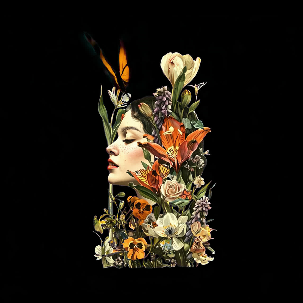 Floral surrealism with butterfly elegance animation isolated asset, transparent 4K video, alpha