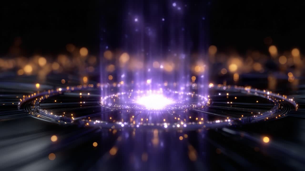 Una straordinaria rappresentazione visiva di energia luminosa che emana da un punto centrale, circondata da luci a cascata e particelle scintillanti in un accattivante spettacolo cosmico.