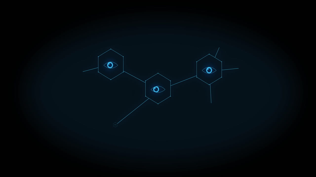 Animation of growing network of blue eye icons on black background