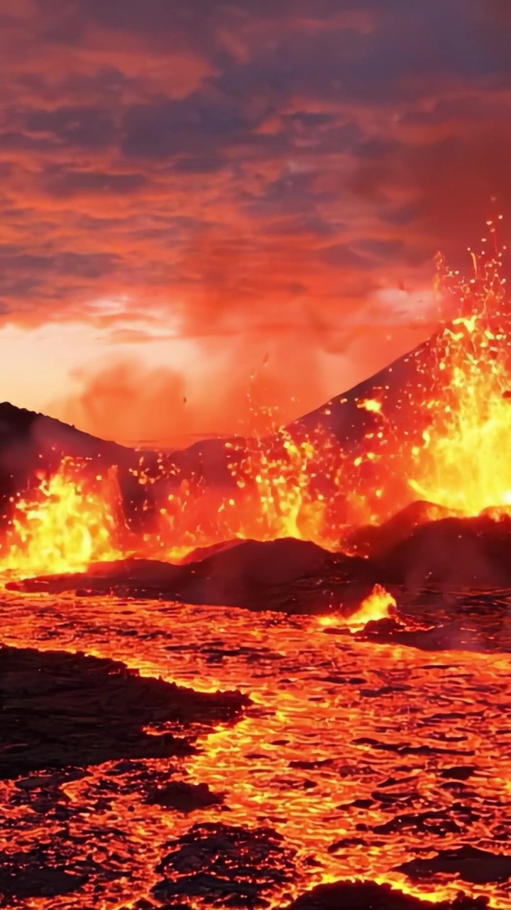 Spectacular Eruption: A Breathtaking Display of Molten Lava and Fiery Fountains Against a Dramatic Sky at Sunset