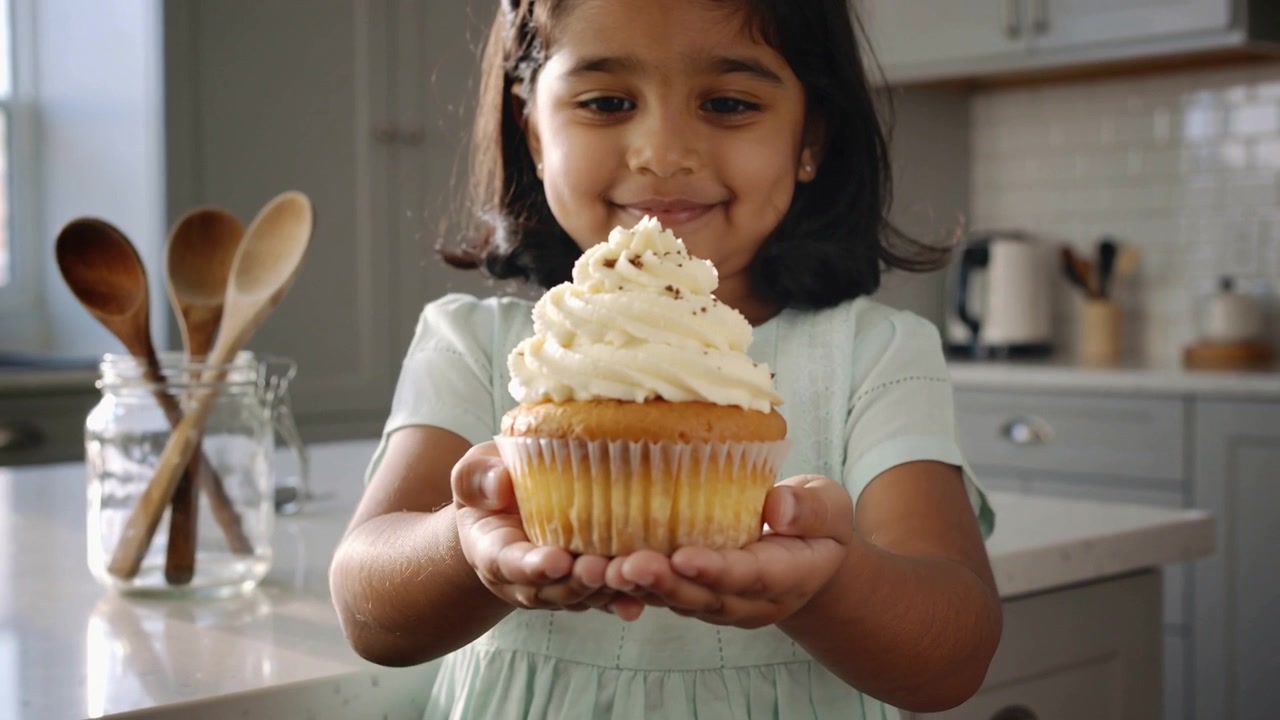 Ragazza sorridente in abito color menta che tiene in mano e offre un cupcake verso la fotocamera in cucina, con cucchiaini