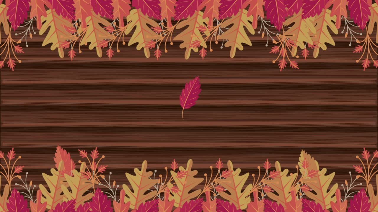 hello autumn animation with wooden background and leafs