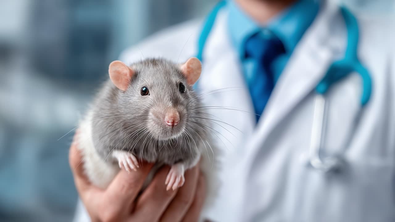 A Caring Veterinarian Holds a Healthy Gray Rat in a Professional Medical Setting, Demonstrating Compassion for Small Pets and Committed Animal Care