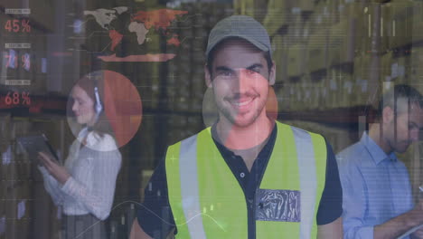 animation of data processing over diverse people working in warehouse