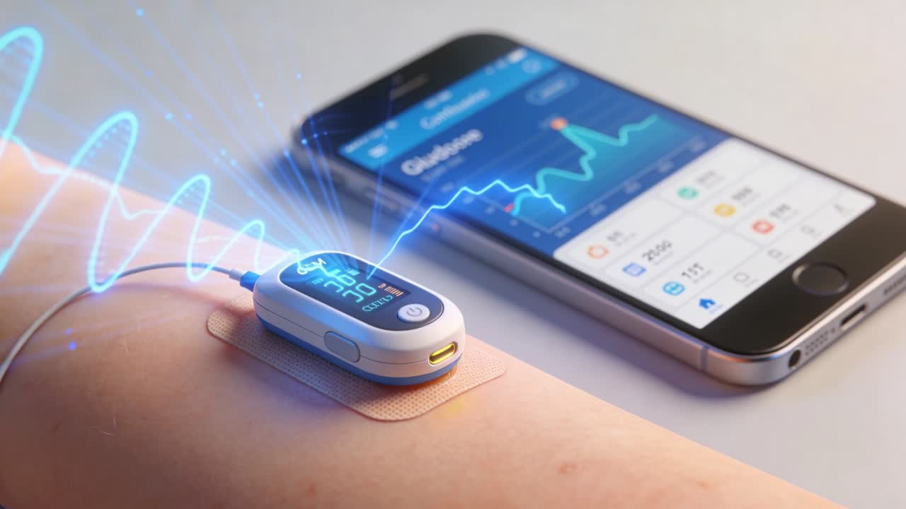 Emisión de forma de onda desde sensor en parche adhesivo con cable delgado sobre escritorio a aplicación de teléfono, actualizando gráfico