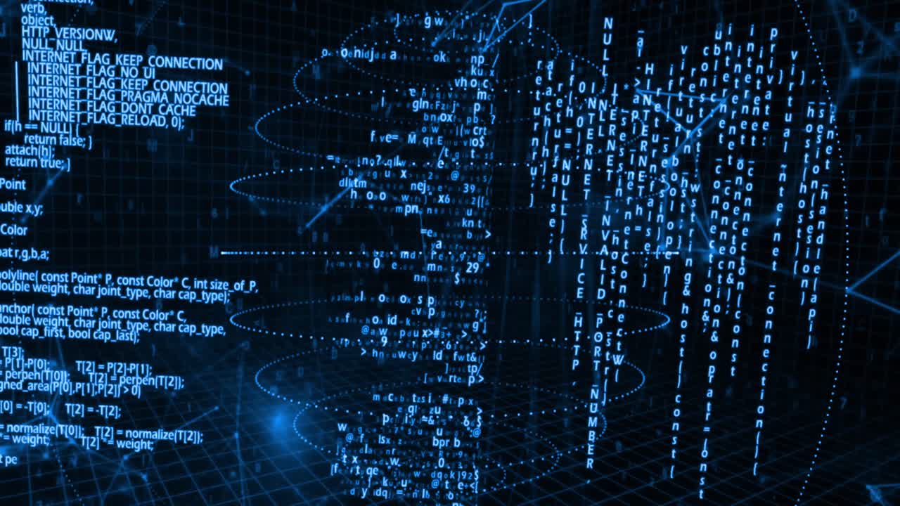 Animation of network of digital connections and data processing over spinning globe