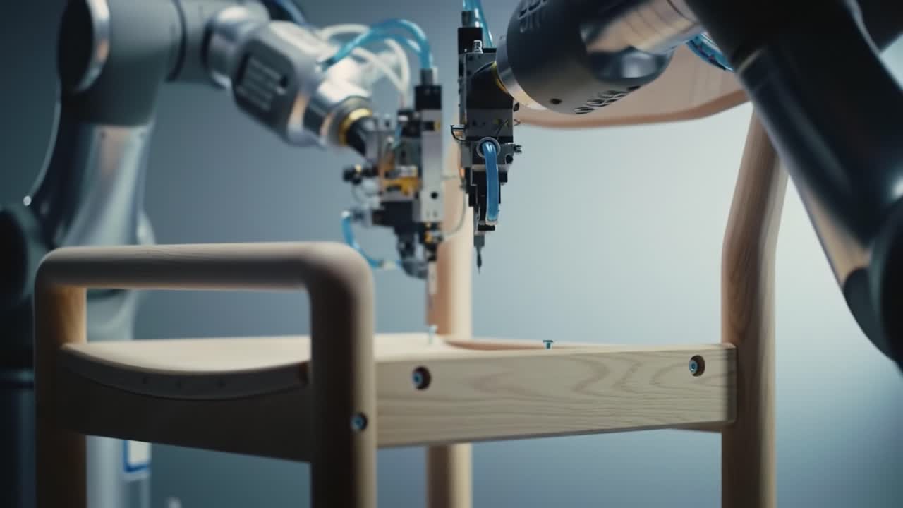 Innovative Robotics in Action: Demonstrating Precision Assembly Techniques with Automated Arms on a Wooden Chair Frame