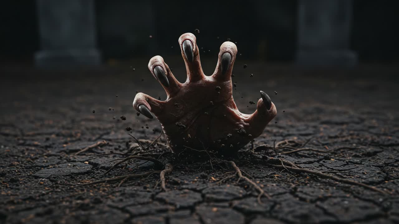 A Sinister Hand Emerges from the Ground, Clawing at the Earth with Gritty Determination, Symbolizing Desperation and the Struggle for Survival in a Dark Atmosphere