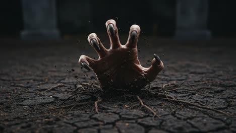 a sinister hand emerges from the ground, clawing at the earth with gritty determination, symbolizing desperation and the struggle for survival in a dark atmosphere